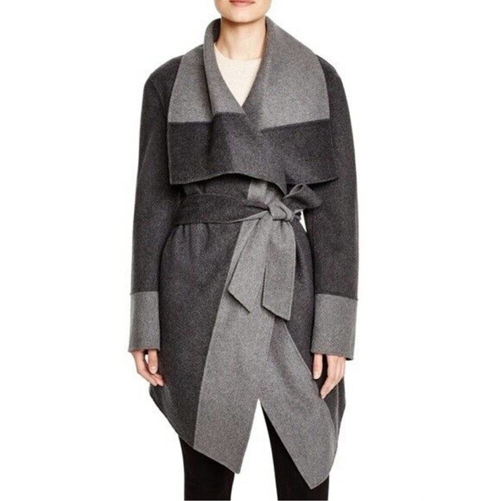 Diane Von Furstenberg Mackenzie Grey Colorblock Reversible Wrap Wool Coat Medium